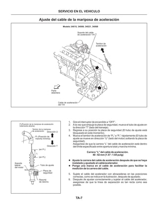 TA-7
SERVICIO EN EL VEHICULO
1. Gire el interruptor de encendido a “OFF”.
2. A la vez que empuja la placa de seguridad, mueva el tubo de ajuste en
la dirección “T” (lado del transeje).
3. Regrese a su posición la placa de seguridad (El tubo de ajuste está
bloqueado en este momento).
4. Mueva el tambor de aceleración de “P ” a “P ” rápidamente (El tubo de
ajuste se mueve en dirección “U” (lado del motor) soltando la placa de
seguridad).
Asegúrese de que la carrera “L” del cable de aceleración está dentro
del límite especificado entre apertura total y marcha mínima.
5. Sujete el cable del acelerador con abrazaderas en las posiciones
correctas, como se indica en la ilustración, después de ajustado.
6. Después de ajustar correctamente y sujetar el cable del acelerador,
asegúrese de que la línea de separación es tan recta como sea
posible.
2 1
Carrera “L” del cable de aceleración.
40 - 42 mm (1.57 - 1.65 pulg)
Ajuste la carrera del cable de aceleración después de que se haya
instalado y ajustado al cable/acelerador.
Ponga una marca en el cable de aceleración para facilitar la
medición de la carrera del cable.
l
l
Ajuste del cable de la mariposa de aceleración
Parte
delantera
Cable de aceleración
del T/A
P (Posición de la mariposa de aceleración
totalmente abierta)
1
Tambor de la mariposa
de aceleración
Soporte
lateral
del motor
P (Posición de
marcha mínima)
2
(en P )1
(en P )2
L
Dirección U
Dirección T
Tubo de ajuste
Placa de
seguridad
Resorte
de retorno
Soporte del cable
de aceleración T/A
Modelo 34X15, 34X69, 34X21, 34X68
Tambor de
aceleración
 