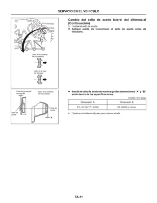 TA-11
SERVICIO EN EL VEHICULO
Cambio del sello de aceite lateral del diferencial
(Continuación)
3. Instale el sello de aceite.
4. Vuelva a instalar cualquier pieza desmontada.
l
l
Aplique aceite de transmisión al sello de aceite antes de
instalarlo.
Instale el sello de aceite de manera que las dimensiones “A” y “B”
estén dentro de las especificaciones.
Lado de la cubierta
del convertidor
Lado de la cubierta
del convertidor
Lado de la caja
del transeje
Lado de la caja del
transeje B
Sello de
aceite
Sello de
aceite
A
5.5 - 6.5 (0.217 - 0.256) 0.5 (0.020) o menos
Unidad: mm (pulg)
Dimensión BDimensión A
 