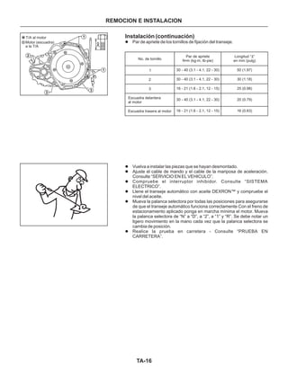 TA-16
REMOCION E INSTALACION
Instalación (continuación)
l
l
l
l
l
l
l
Par de apriete de los tornillos de fijación del transeje.
Vuelva a instalar las piezas que se hayan desmontado.
Ajuste el cable de mando y el cable de la mariposa de aceleración.
Consulte “SERVICIO EN EL VEHICULO”.
Compruebe el interruptor inhibidor. Consulte “SISTEMA
ELECTRICO”.
Llene el transeje automático con aceite DEXRON™ y compruebe el
nivel del aceite.
Mueva la palanca selectora por todas las posiciones para asegurarse
de que el transeje automático funciona correctamente Con el freno de
estacionamiento aplicado ponga en marcha mínima el motor. Mueva
la palanca selectora de “N” a “D”, a “2”, a “1” y “R”. Se debe notar un
ligero movimiento en la mano cada vez que la palanca selectora se
cambia de posición.
Realice la prueba en carretera - Consulte “PRUEBA EN
CARRETERA”.
1
1
2
3
3
No. de tornillo
Par de apriete
N•m (kg-m, Ib-pie)
30 - 40 (3.1 - 4.1, 22 - 30) 50 (1.97)
30 - 40 (3.1 - 4.1, 22 - 30)
1
2
3
30 - 40 (3.1 - 4.1, 22 - 30)
30 (1.18)
16 - 21 (1.6 - 2.1, 12 - 15)
16 - 21 (1.6 - 2.1, 12 - 15)
25 (0.98)
Escuadra delantera
al motor
Escuadra trasera al motor
20 (0.79)
16 (0.63)
Longitud “ “
en mm (pulg)
T/A al motor
Motor (escuadra)
a la T/A
 