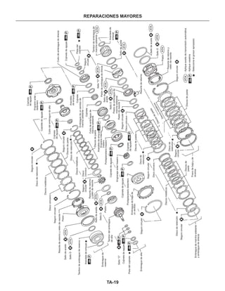TA-19
REPARACIONES MAYORES
Segurocircular
Discoderetención
Discoderetención
Discoderetención
Discode
retención
Discode
retención
Frenodebajayde
reversa
Cubodelembraguedealta
Cubodeembraguededirecta
Cubodeembraguede
marchaadelante
Resortederetornoyreténderesorte
Discosmetálicos
Discosmetálicos
Discosmetálicos
Discosmetálicos
Portaplanetariotrasero
Portaplanetariodelantero
Discocóncavo
Discocóncavo
Discocóncavo
Segurocircular
Sellodeaceite
Seguro
circular
Segurocircular
Segurocircular
Segurocircular
Segurocircular
Segurocircular
Segurocircular
Sellodeaceite
Sellodeaceite
Arandelade
empuje
Tambordeembraguede
marchaadelante
Pistóndeembraguede
marchaadelante
Pistóndeembraguededirecta
Seguro
circular
SelloD
Pistón
Resortederetorno
Resortederetornoy
reténderesorte
Seguro
circular
Sellodeaceite
SelloD
Pistón
Pistón
Tambordeembraguedereserva
Tambordelembrague
dealta
Arandela
deempuje
Resortederetorno
yreténderesorte
Sello"O”
Sellode
aceite
Reténderesorte
SelloD
SelloD
Pistadel
cojineteEmbraguedeunsentidode
marchaadelante
Embraguedebajade
unsentido
Embraguedemarchaadelante
yembraguededirecta
Engranajesolartrasero
Engranesolar
delantero
Cojinete
deagujas
Cojinete
deagujas
Cojinetedeagujas
Cojinetedeagujas
Cojinetedeagujas
Cojinete
deagujas
Cojinete
Discosdepasta
Discosdepasta
Discosde
pasta
Discosdepasta
Discosdepasta
Cojinete
Discosdepasta
Arandeladeempuje
Engraneinterno
trasero
Cojinetedeagujas
Sello“O”
P
ATA:Apliqueaceitedetransmisiónautomática
:Apliquevaselina
:Seleccioneelgrosorapropiado
X
X
X
X
X
X
X
X
X
X
X
X
X
X
X
X
X
X
X
X
X
X
ATA
ATA
ATA
ATA
ATA
ATA
ATA
ATA
ATA
ATA
ATA
ATA
P
P
P
P
P
P
P
P
P
P
P
P
P
P
Arandeladeempuje
Embraguede
reserva
Cojinetedeagujas
Pistadelcojinete
Embraguedealta
P
Disco
concavo
 