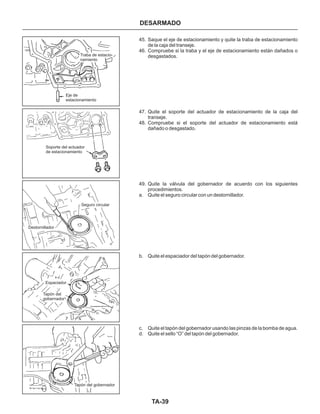 TA-39
DESARMADO
45. Saque el eje de estacionamiento y quite la traba de estacionamiento
de la caja del transeje.
46. Compruebe si la traba y el eje de estacionamiento están dañados o
desgastados.
47. Quite el soporte del actuador de estacionamiento de la caja del
transeje.
48. Compruebe si el soporte del actuador de estacionamiento está
dañado o desgastado.
49. Quite la válvula del gobernador de acuerdo con los siguientes
procedimientos.
a. Quite el seguro circular con un destornillador.
b. Quite el espaciador del tapón del gobernador.
c. Quite el tapón del gobernador usando las pinzas de la bomba de agua.
d. Quite el sello “O” del tapón del gobernador.
Tapón del gobernador
Tapón del
gobernador
Espaciador
Destornillador
Seguro circular
Soporte del actuador
de estacionamiento
Eje de
estacionamiento
Traba de estacio-
namiento
 