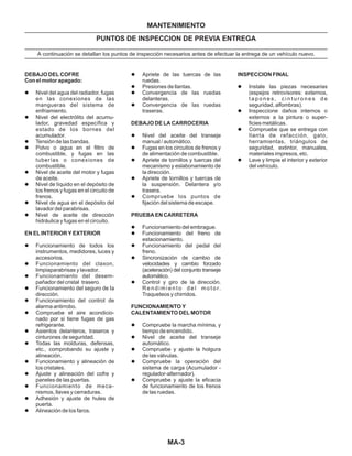 MANTENIMIENTO
PUNTOS DE INSPECCION DE PREVIA ENTREGA
A continuación se detallan los puntos de inspección necesarios antes de efectuar la entrega de un vehículo nuevo.
DEBAJO DEL COFRE
Con el motor apagado:
EN EL INTERIOR Y EXTERIOR
l
l
l
l
l
l
l
l
l
l
l
l
l
l
l
l
l
l
l
l
l
Nivel del agua del radiador, fugas
en las conexiones de las
mangueras del sistema de
enfriamiento.
Nivel del electrólito del acumu-
lador, gravedad específica y
estado de los bornes del
acumulador.
Tensión de las bandas.
Polvo o agua en el filtro de
combustible, y fugas en las
tuberías o conexiones de
combustible.
Nivel de aceite del motor y fugas
de aceite.
Nivel de líquido en el depósito de
los frenos y fugas en el circuito de
frenos.
Nivel de agua en el depósito del
lavador del parabrisas.
Nivel de aceite de dirección
hidráulica y fugas en el circuito.
Funcionamiento de todos los
instrumentos, medidores, luces y
accesorios.
Funcionamiento del claxon,
limpiaparabrisas y lavador.
Funcionamiento del desem-
pañador del cristal trasero.
Funcionamiento del seguro de Ia
dirección.
Funcionamiento del control de
alarma antirrobo.
Compruebe el aire acondicio-
nado por si tiene fugas de gas
refrigerante.
Asientos delanteros, traseros y
cinturones de seguridad.
Todas las molduras, defensas,
etc., comprobando su ajuste y
alineación.
Funcionamiento y alineación de
los cristales.
Ajuste y alineación del cofre y
paneles de las puertas.
Funcionamiento de meca-
nismos, llaves y cerraduras.
Adhesión y ajuste de hules de
puerta.
Alineación de los faros.
MA-3
l
l
l
l
l
l
l
l
l
l
l
l
l
l
l
l
l
l
l
Apriete de las tuercas de las
ruedas.
Presiones de llantas.
Convergencia de las ruedas
delanteras.
Convergencia de las ruedas
traseras.
Nivel del aceite del transeje
manual / automático.
Fugas en los circuitos de frenos y
de alimentación de combustible.
Apriete de tornillos y tuercas del
mecanismo y eslabonamiento de
la dirección.
Apriete de tornillos y tuercas de
la suspensión. Delantera y/o
trasera.
Compruebe los puntos de
fijación del sistema de escape.
Funcionamiento del embrague.
Funcionamiento del freno de
estacionamiento.
Funcionamiento del pedal del
freno.
Sincronización de cambio de
velocidades y cambio forzado
(aceleración) del conjunto transeje
automático.
Control y giro de la dirección.
R e n d i m i e n t o d e l m o t o r.
Traqueteos y chirridos.
Compruebe la marcha mínima, y
tiempo de encendido.
Nivel de aceite del transeje
automático.
Compruebe y ajuste la holgura
de las válvulas.
Compruebe la operación del
sistema de carga (Acumulador -
regulador-alternador).
Compruebe y ajuste la eficacia
de funcionamiento de los frenos
de las ruedas.
DEBAJO DE LA CARROCERIA
PRUEBA EN CARRETERA
FUNCIONAMIENTO Y
CALENTAMIENTO DEL MOTOR
INSPECCION FINAL
l
l
l
l
Instale las piezas necesarias
(espejos retrovisores: externos,
t a p o n e s , c i n t u r o n e s d e
seguridad, alfombras).
Inspeccione daños internos o
externos a la pintura o super-
ficies metálicas.
Compruebe que se entrega con
llanta de refacción, gato,
herramientas, triángulos de
seguridad, extintor, manuales,
materiales impresos, etc.
Lave y limpie el interior y exterior
del vehículo.
 