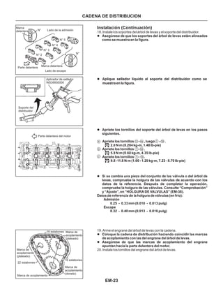 EM-23
Marca
delantera N° Lado de la admisión
N°
N° 5
N° 4
N° 3
N° 2
Parte delantera
Marca delantera
Lado de escape
Soporte del
distribuidor
Aplicador de sellador
WS39930000
Parte delantera del motor
16 eslabones Marca de
acoplamiento
(plateado)
Marca de
acoplamiento
(plateado)
22 eslabones
Marca de acoplamiento
16 eslabones
Marca de
acoplamiento
(dorado)
Instalación (Continuación)
18. Instale los soportes del árbol de levas y el soporte del distribuidor.
l
l
l
l
l
Asegúrese de que los soportes del árbol de Ievas están alineados
como se muestra en la figura.
Apriete los tornillos del soporte del árbol de Ievas en los pasos
siguientes.
Si se cambia una pieza del conjunto de las válvula o del árbol de
levas, compruebe la holgura de las válvulas de acuerdo con los
datos de la referencia. Después de completar la operación,
compruebe la holgura de las válvulas. Consulte “Comprobación”
y “Ajuste”, en “HOLGURA DE VALVULAS” (EM-38).
Coloque la cadena de distribución haciendo coincidir las marcas
de acoplamiento con las del engrane del árbol de levas.
Asegúrese de que las marcas de acoplamiento del engrane
apuntan hacia la parte delantera del motor.
19. Arme el engrane del árbol de levas con la cadena.
l Aplique sellador líquido al soporte del distribuidor como se
muestra en la figura.
Apriete los tornillos - , luego - .
: 2.0 N m (0.204 kg-m, 1.48 Ib-pie)
Apriete los tornilIos - .
: 5.9 N m (0.60 kg-m, 4.35 lb-pie)
Apriete los tornillos - .
: 9.8 -11.8 N m (1.00 - 1.20 kg-m, 7.23 - 8.70 lb-pie)
Datos de referencia de la holgura de válvulas (en frío):
Admisión
0.25 - 0.33 mm (0.010 - 0.013 pulg)
Escape
0.32 - 0.40 mm (0.013 - 0.016 pulg)
.
.
.
20. Instale los tornillos del engrane del árbol de levas.
.
.
.
CADENA DE DISTRIBUCION
a
b
c
1
1
1 1011 14
14
14
 