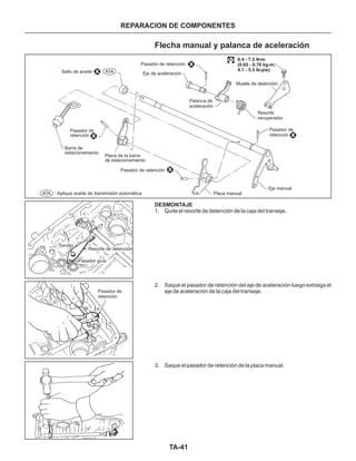 TA-41
REPARACION DE COMPONENTES
DESMONTAJE
1. Quite el resorte de detención de la caja del transeje.
2. Saque el pasador de retención del eje de aceleración luego extraiga el
eje de aceleración de la caja del transeje.
3. Saque el pasador de retención de la placa manual.
Flecha manual y palanca de aceleración
Pasador de
retención
Pasador guía
Tornillo
Resorte de detención
Sello de aceite
Pasador de retención
Pasador de
retención
Barra de
estacionamiento
Placa de la barra
de estacionamiento
: Aplique aceite de transmisión automática
Pasador de retención
Pasador de
retención
Placa manual
Eje manual
Eje de aceleración
Palanca de
aceleración
6.4 - 7.5 N•m
(0.65 - 0.76 kg-m,
4.7 - 5.5 Ib-pie)
Muelle de detención
Resorte
recuperador
X
X
X
X
X
ATA
ATA
 