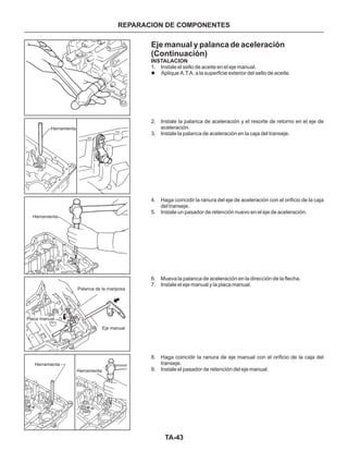 TA-43
Eje manual y palanca de aceleración
(Continuación)
INSTALACION
1. Instale el sello de aceite en el eje manual.
Aplique A.T.A. a la superficie exterior del sello de aceite.
2. Instale la palanca de aceleración y el resorte de retorno en el eje de
aceleración.
3. Instale la palanca de aceleración en la caja del transeje.
4. Haga coincidir la ranura del eje de aceleración con el orificio de la caja
del transeje.
5. Instale un pasador de retención nuevo en el eje de aceleración.
6. Mueva la palanca de aceleración en la dirección de la flecha.
7. Instale el eje manual y la placa manual.
8. Haga coincidir la ranura de eje manual con el orificio de la caja del
transeje.
9. Instale el pasador de retención del eje manual.
l
REPARACION DE COMPONENTES
Palanca de la mariposa
Placa manual
Eje manual
Herramienta
Herramienta
Herramienta
Herramienta
 