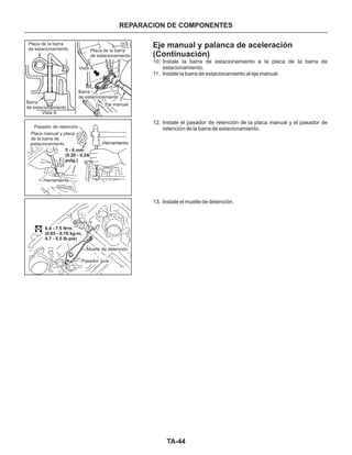 TA-44
Eje manual y palanca de aceleración
(Continuación)
10. Instale la barra de estacionamiento a la placa de la barra de
estacionamiento.
11. Instale la barra de estacionamiento al eje manual.
12. Instale el pasador de retención de la placa manual y el pasador de
retención de la barra de estacionamiento.
13. Instale el muelle de detención.
REPARACION DE COMPONENTES
Vista A
Vista A
Pasador de retención
5 - 6 mm
(0.20 - 0.24
pulg.)
6.4 - 7.5 N•m
(0.65 - 0.76 kg-m,
4.7 - 5.5 Ib-pie)
Placa de la barra
de estacionamiento Placa de la barra
de estacionamiento
Placa manual y placa
de la barra de
estacionamiento
Barra
de estacionamiento
Barra
de estacionamiento
Eje manual
Muelle de detención
Pasador guía
HerramientaHerramienta
Herramienta
 