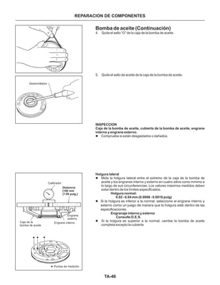 TA-46
Bomba de aceite (Continuación)
4. Quite el sello “O” de la caja de la bomba de aceite.
5. Quite el sello de aceite de la caja de la bomba de aceite.
Compruebe si están desgastados o dañados.
Mida la holgura lateral entre el extremo de la caja de la bomba de
aceite y los engranes interno y externo en cuatro sitios como mínimo a
lo largo de sus circunferencias. Los valores máximos medidos deben
estar dentro de los límites especificados.
Si la holgura es superior a la normal, cambie la bomba de aceite
completa excepto la cubierta
INSPECCION
Caja de la bomba de aceite, cubierta de la bomba de aceite, engrane
interno y engrane externo.
Holgura lateral
Holgura normal:
0.02 - 0.04 mm (0.0008 - 0.0016 pulg)
Engranaje interno y externo
Consulte D.E.S.
l
l
l
l
Si la holgura es inferior a la normal, seleccione el engrane interno y
externo como un juego de manera que la holgura esté dentro de las
especificaciones.
REPARACION DE COMPONENTES
Destornillador
Puntos de medición
Engrane
externo
Engrane interno
Calibrador
Distancia
[180 mm
(7.09 pulg.]
Caja de la
bomba de aceite
 