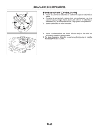 TA-48
Bomba de aceite (Continuación)
4. Instale la cubierta de la bomba de aceite en la caja de la bomba de
aceite.
a. Envuelva las estrías de la cubierta de la bomba de aceite con cinta
protectora para proteger el sello. Coloque la cubierta de la bomba de
aceite en la caja de la bomba de aceite, luego quite la cinta protectora.
b. Apriete los tornillos en orden numérico.
5. Instale cuidadosamente los anillos nuevos después de llenar las
ranuras con vaselina y engancharlos.
l No abra el extremo del anillo excesivamente mientras lo instala.
Puede deformarse el anillo.
REPARACION DE COMPONENTES
1
2
3
4
5
6
Anillos
 