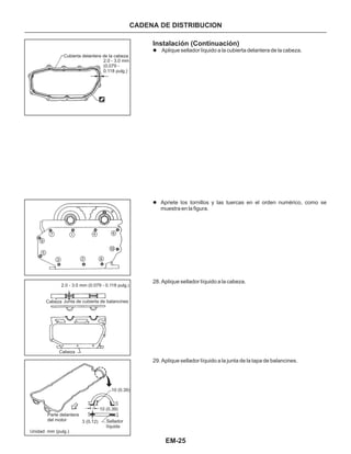 EM-25
CADENA DE DISTRIBUCION
Cubierta delantera de la cabeza
2.0 - 3.0 mm
(0.079 -
0.118 pulg.)
1
23
4
5
67
8
9
10
2.0 - 3.0 mm (0.079 - 0.118 pulg.)
Cabeza
Cabeza
Junta de cubierta de balancines
10 (0.39)
10 (0.39)
Parte delantera
del motor
Unidad: mm (pulg.)
Sellador
líquida
3 (0.12)
Instalación (Continuación)
l
l
Aplique sellador líquido a la cubierta delantera de la cabeza.
Apriete los tornillos y las tuercas en el orden numérico, como se
muestra en la figura.
28. Aplique sellador Iíquido a la cabeza.
29. Aplique sellador Iíquido a la junta de la tapa de balancines.
 