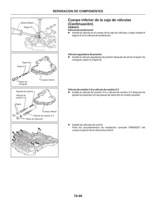 Cuerpo inferior de la caja de válvulas
(Continuación)
ARMADO
Válvula de aceleración
Válvula reguladora de presión
Válvula de cambio 3-4 y válvula de cambio 2-3
l
l
l
l
Inserte la válvula en el cuerpo de la caja de válvulas y luego instale el
seguro E en la válvula de aceleración.
Instale la válvula reguladora de presión después de armar el tapón de
manguito, tapón A y tapón B.
Instale la válvula de cambio 3-4 y válvula de cambio 2-3 después de
ajustar los tapones con las placas de retención en el lado opuesto.
Instale las válvulas de control.
Para los procedimientos de instalación consulte "ARMADO" del
cuerpo superior de la válvula de control.
TA-66
REPARACION DE COMPONENTES
Tapón
Resorte de retorno
Válvula de cambio 2-3
Válvula de
cambio 3-4
Cuerpo inferior
Placa de retención
Tapón B
Tapón A
Tapón de
manguito
Cuerpo interior
Destornillador
Seguro E
 