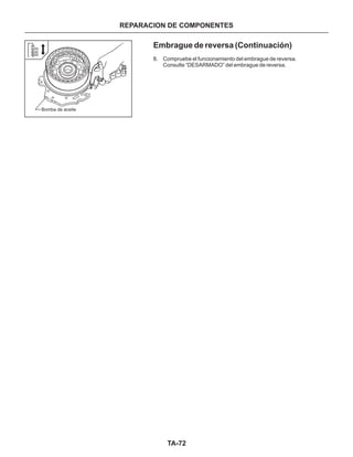 TA-72
REPARACION DE COMPONENTES
Embrague de reversa (Continuación)
8. Compruebe el funcionamiento del embrague de reversa.
Consulte “DESARMADO” del embrague de reversa.
Bomba de aceite
 