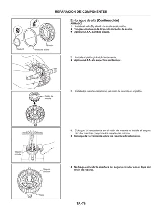 TA-76
REPARACION DE COMPONENTES
Pistón
Sello de aceiteSello D
Retén de
resorte
Seguro
circular
Seguro
circular
Tope
Embrague de alta (Continuación)
1. Instale el sello D y el sello de aceite en el pistón.
2 Instale el pistón girándolo lentamente.
3. Instale los resortes de retorno y el retén de resorte en el pistón.
4. Coloque la herramienta en el retén de resorte e instale el seguro
circular mientras comprime los resortes de retorno.
l
l
l
l
l
Tenga cuidado con la dirección del sello de aceite.
Aplique A.T.A. a ambas piezas.
Aplique A.T.A. a la superficie del tambor.
Coloque la Herramienta sobre los resortes directamente.
No haga coincidir la abertura del seguro circular con el tope del
retén de resorte.
ARMADO
 