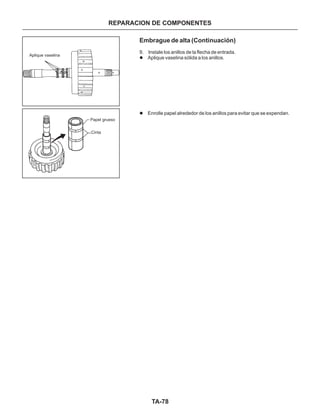 TA-78
REPARACION DE COMPONENTES
Embrague de alta (Continuación)
9. Instale los anillos de la flecha de entrada.
Aplique vaselina sólida a los anillos.
Enrolle papel alrededor de los anillos para evitar que se expendan.
l
l
Aplique vaselina
Papel grueso
Cinta
 