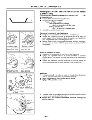 TA-82
REPARACION DE COMPONENTES
Embrague de marcha adelante y embrague de directa
(Continuación)
l
l
l
l
l
l
l
l
l
l
l
l
Compruebe si están deformados o dañados.
Mida el grosor del disco cóncavo.
Si está deformado o roto, cámbielo.
Asegúrese de que las bolas de retención no están trabadas.
Aplique aire a presión al orificio de aceite de la bola de retención
desde la parte exterior del tambor del embrague de marcha adelante
para asegurarse de que el aire se fuga por la bola.
Aplique aire a presión al orificio de aceite desde el interior del tambor
de embrague de marcha adelante para asegurarse de que no hay
fugas de aire.
Asegúrese de que las bolas de retención no están trabadas.
Aplique aire a presión al orificio de aceite de la bola de retención
opuesto al resorte de retorno para asegurarse de que no hay fugas de
aire.
Aplique aire a presión al orificio de aceite del lado del resorte de
retorno para asegurarse de que el aire pasa a lo largo de la bola.
1. Instale los sellos D y los sellos de aceite en el pistón del embrague de
marcha adelante y en el pistón del embrague de directa.
2. Instale el pistón del embrague de directa en el pistón del embrague de
marcha adelante girándolo lentamente.
Pistón de embrague de directa
ARMADO
Tenga cuidado con la dirección del sello de aceite.
Aplique A.T.A. a ambas partes.
Aplique A.T.A. a la superficie interior del pistón del embrague de
marcha adelante.
Discos cóncavos del embrague de marcha adelante y del em-
brague de directa
Grosor del disco cóncavo
Embrague de marcha adelante
2.35 - 2.65 mm (0.0925 - 0.1043 pulg)
Embrague de directa
2.00 - 2.30 mm (0.0787 - 0.0906 pulg)
Tambor del embrague de marcha adelante
Compruebe que el
aire no pasa a través
del orificio de la bola.
Compruebe que el
aire no pasa a través
del orificio de la bola.
Compruebe que el aire
pasa a través del
orificio de la bola.
Compruebe que el aire
pasa a través del
orificio de la bola.
Sello de
aceite
Sello D
Pistón del
embrague de
marcha adelante
Pistón del
embrague de
marcha
adelante
Sello de
aceite
Sello D
Pistón del embrague
de directa
Pistón del
embrague de
directa
 