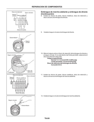 TA-84
REPARACION DE COMPONENTES
Embrague de marcha adelante y embrague de directa
(Continuación)
8. Instale los discos de pasta, discos metálicos, disco de retención y
disco cóncavo al embrague de directa.
9. Instale el seguro circular al embrague de directa.
10. Mida la holgura entre el disco de retención del embrague de directa y
el seguro circular. Si no está dentro del límite permitido, seleccione el
disco de retención adecuado.
11. Instale los discos de pasta, discos metálicos, disco de retención y
discos cóncavos al embrague de marcha adelante.
12. Instale el seguro circular al embrague de marcha adelante.
Holgura especificada:
Normal 1.0 -1.4 mm (0.039 - 0.055 pulg)
Límite permitido: 2.0 mm (0.079 pulg)
Disco de retención del embrague de directa:
Consulte D.E.S.
Seguro
circular
Seguro
circular
Disco de retención
Disco de retención
Disco de
retención
Discos metálicos
Discos metálicos
Disco cóncavo
Disco cóncavo
Discos de pasta
Discos de pasta
Seguro
circular
Seguro circular
Seguro circular
Destornillador
Destornillador
Calibrador
 
