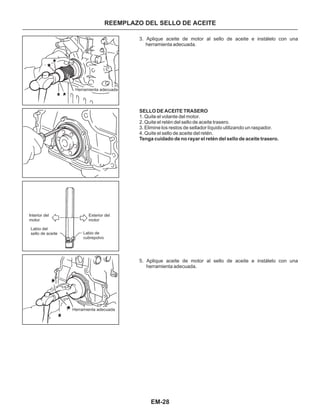 EM-28
REEMPLAZO DEL SELLO DE ACEITE
Herramienta adecuada
Interior del
motor
Labio del
sello de aceite
Exterior del
motor
Labio de
cubrepolvo
Herramienta adecuada
3. Aplique aceite de motor al sello de aceite e instálelo con una
herramienta adecuada.
1. Quite el volante del motor.
2. Quite el retén del sello de aceite trasero.
3. Elimine los restos de sellador líquido utilizando un raspador.
4. Quite el sello de aceite del retén.
5. Aplique aceite de motor al sello de aceite e instálelo con una
herramienta adecuada.
SELLO DE ACEITE TRASERO
Tenga cuidado de no rayar el retén del sello de aceite trasero.
 