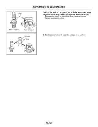 TA-101
Flecha de salida, engrane de salida, engrane loco,
engrane reductor y retén del cojinete (Continuación)
9. Instale anillos nuevos en la flecha de salida y retén del cojinete.
Aplique vaselina a los anillos.
10. Enrolle papel alrededor de los anillos para que no se suelten.
l
REPARACION DE COMPONENTES
Anillo
Flecha de salida Retén del cojinete
Papel
Cinta
 