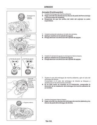 TA-118
Embrague de
marcha
adelante
Pista del
cojinete
Cojinete de agujasCojinete de agujas
Cubo del
embrague de
marcha
adelante
Cubo del
embrague
de directa
BLOQUEO
Engrane interno
Armado (Continuación)
4. Instale el embrague de marcha adelante.
5. Instale la pista del cojinete en el retén de cojinetes.
6. Instale el cojinete de agujas en el engrane interno trasero.
7. Sujete el cubo del embrague de marcha adelante y gire el cubo del
embrague de directa.
Compruebe si el cubo del embrague de directa se bloquea y
desbloquea en las direcciones correctas.
8. Instale el engrane interno trasero.
l
l
l
l
l
l
l
l
Haga coincidir los dientes de los discos de pasta del freno de baja
y reversa antes de instalarlo.
Asegúrese de que los anillos del retén del cojinete no están
expandidos.
Aplique vaselina en el cojinete de agujas.
Ponga atención a la dirección del cojinete de agujas.
Aplique vaselina en el cojinete de agujas.
Ponga atención a la dirección del cojinete de agujas.
Si no está como se muestra en la ilustración, compruebe la
dirección de la instalación del embrague de marcha adelante de
un sentido.
Haga coincidir los dientes del embrague de marcha adelante y los
discos de pasta del embrague de directa.
ARMADO
 