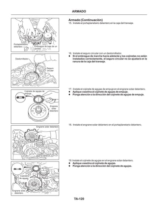 TA-120
Portaplanetario
delantero Embrague de baja de un
sentido
Destornillador
Seguro
circular
Cojinete de agujas de
empuje
Engrane
solar
delantero
Engrane solar delantero
Engrane solar
delantero
Cojinete
de agujas
Armado (Continuación)
15. Instale el portaplanetario delantero en la caja del transeje.
16. Instale el seguro circular con un destornillador.
17. Instale el cojinete de agujas de empuje en el engrane solar delantero.
18. Instale el engrane solar delantero en el portaplanetario delantero.
19. Instale el cojinete de agujas en el engrane solar delantero.
l
l
l
l
l
Si el embrague de marcha hacia adelante y los cojinetes no están
instalados correctamente, el seguro circular no se ajustará en la
ranura de la caja del transeje.
Aplique vaselina al cojinete de agujas de empuje.
Ponga atención a la dirección del cojinete de agujas de empuje.
Aplique vaselina al cojinete de agujas.
Ponga atención a la dirección del cojinete de agujas.
ARMADO
 