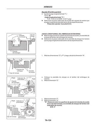 TA-124
Paquete
del embrague
Arandela
de empuje
Caja del
transeje
Arandela
de empuje
Paquete del
embrague
Caja del transeje
Regla
Paquete
del embrague
Calibrador de
profundidad
Regla
Caja del
transeje
Arandela
de empuje
Regla Calibrador de
profundidad
Guarnición
del embrague
Caja del transeje
Regla
Ajuste (Continuación)
3. Ajuste el juego longitudinal total “T ”.
0.25 - 0.55 mm (0.0098 - 0.0217 pulg)
Seleccione el grosor adecuado de la pista del cojinete de manera que
el juego longitudinal total esté dentro de las especificaciones.
Mida la holgura entre la cubierta de la bomba de aceite y la arandela de
empuje del tambor del embrague de reversa.
Seleccione el grosor adecuado de la arandela de empuje de manera
que el juego longitudinal esté dentro de las especificaciones.
1. Mida las dimensiones “O” y “P” y luego calcule la dimensión “N”.
a. Coloque la arandela de empuje en el tambor del embrague de
reversa.
b. Mida la dimensión “O”.
c. Mida la dimensión “P”.
d. Mida la dimensión “N”.
3
T = J - M
Juego longitudinal total “T ”:
Pistas del cojinete: Consulte D.E.S.
JUEGO LONGITUDINAL DEL EMBRAGUE DE REVERSA
"N": Distancia entre la superficie de ajuste de la bomba de aceite
de la caja del transeje y la arandela de empuje del tambor del
embrague de reversa.
N=O - P
3
3
l
l
l
ARMADO
T4
Q
N
P
N
O
O
P
 