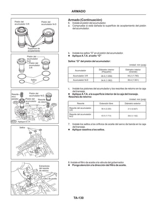 TA-130
Extractores
del resorte
de retorno
Filtro de aceite
Sellos
Aplique A.T.F.
Resorte
recu-
perador
Pistón del
acumulador N-D
Pistón del
acumulador
3-R
Resorte
de retorno
ATA
ATA
ATA
:
Sellos
“O”
Pistón del
acumulador
N-D
Pistón del
acumulador
3-R
Superficie de
acoplamiento
Pistón del
acumulador 3-R
Pistón del
acumulador N-D
Armado (Continuación)
6. Instale el pistón del acumulador.
a. Compruebe si está dañada la superficie de acoplamiento del pistón
del acumulador.
b. Instale los sellos “O” en el pistón del acumulador.
c. Instale los pistones del acumulador y los resortes de retorno en la caja
del transeje.
7. Instale los sellos a los orificios de aceite del servo de banda en la caja
del transeje.
8. Instale el filtro de aceite a la válvula del gobernador.
l
l
l
l
Aplique A.T.A. al sello “O”
Sellos “O” del pistón del acumulador:
Aplique A.T.A. a la superficie interior de la caja del transeje.
Resortes de retorno:
Aplique vaselina a los sellos.
Ponga atención a la dirección del filtro de aceite.
ARMADO
Acumulador Diámetro interior
(Pequeño)
26.9 (1.059)
34.6 (1.362)
Acumulador 3-R
Acumulador N-D
Unidad: mm (pulg)
Diámetro interior
(Grande)
44.2 (1.740)
39.4 (1.551)
Unidad: mm (pulg)
Diámetro exteriorResorte Extensión libre
Resorte del acumulador
3-R
Resorte del acumulador
N-D
21.0 (0.827)
28.0 (1.102)
56.4 (2.220)
43.5 (1.713)
 