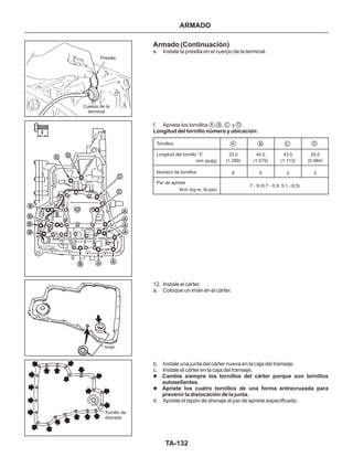 TA-132
Presilla
Cuerpo de la
terminal
Imán
Tornillo de
drenado
A
A
A
A
A
A
C
C
DD
B
B
B
B
B
Armado (Continuación)
e. Instale la presilla en el cuerpo de la terminal.
f. Apriete los tornillos , , y .
12. Instale el cárter.
a. Coloque un imán en el cárter.
b. Instale una junta del cárter nueva en la caja del transeje.
c. Instale el cárter en la caja del transeje.
d. Apriete el tapón de drenaje al par de apriete especificado.
Longitud del tornillo número y ubicación:
Cambie siempre los tornillos del cárter porque son tornillos
autosellantes.
Apriete los cuatro tornillos de una forma entrecruzada para
prevenir la dislocación de la junta.
l
l
ARMADO
Tornillos
43.5
(1.713)
2
7 - 9 (0.7 - 0.9, 5.1 - 6.5)
25.0
(0.984)
2Número de tornillos
33.0
(1.299)
6
Par de apriete
mm (pulg)
Longitud del tornillo “ ”
N m (kg-m, Ib-pie)
40.0
(1.575)
5
A
A
B
B
C
C
D
D
 