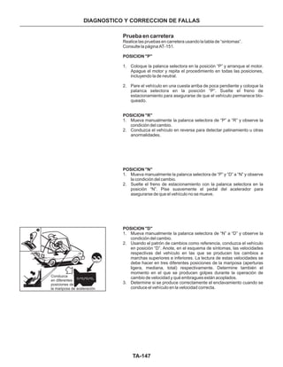 TA-147
Conduzca
en diferentes
posiciones de
la mariposa de aceleración
Prueba en carretera
Realice las pruebas en carretera usando la tabla de “sintomas”.
Consulte la página AT-151.
1. Coloque la palanca selectora en la posición “P” y arranque el motor.
Apague el motor y repita el procedimiento en todas las posiciones,
incluyendo la de neutral.
2. Pare el vehículo en una cuesta arriba de poca pendiente y coloque la
palanca selectora en la posición “P”. Suelte el freno de
estacionamiento para asegurarse de que el vehículo permanece blo-
queado.
1. Mueva manualmente la palanca selectora de “P” a “R” y observe la
condición del cambio.
2. Conduzca el vehículo en reversa para detectar patinamiento u otras
anormalidades.
1. Mueva manualmente la palanca selectora de “P” y “D” a “N” y observe
la condición del cambio.
2. Suelte el freno de estacionamiento con la palanca selectora en la
posición “N”. Pise suavemente el pedal del acelerador para
asegurarse de que el vehículo no se mueve.
1. Mueva manualmente la palanca selectora de “N” a “D” y observe la
condición del cambio.
2. Usando el patrón de cambios como referencia, conduzca el vehículo
en posición “D”. Anote, en el esquema de síntomas, las velocidades
respectivas del vehículo en las que se producen los cambios a
marchas superiores e inferiores. La lectura de estas velocidades se
debe hacer en tres diferentes posiciones de la mariposa (aperturas
ligera, mediana, total) respectivamente. Determine también el
momento en el que se producen golpes durante la operación de
cambio de velocidad y qué embragues están acoplados.
3. Determine si se produce correctamente el enclavamiento cuando se
conduce el vehículo en la velocidad correcta.
POSICION "P"
POSICION "R"
POSICION "N"
POSICION "D"
DIAGNOSTICO Y CORRECCION DE FALLAS
D D D D1 2 3 4
 