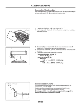 EM-35
CABEZA DE CILINDROS
Aceite
T (Grosor de margen)
Inspección (Continuación)
3. Caliente la cabeza de 110 a 120°C (230 a 248°F).
4. Inserte a presión el asiento de la válvula con una prensa hasta que
asiente en el fondo.
6. Después del rectificado, pula el asiento de válvula con compuesto
abrasivo.
7. Compruebe el estado del asiento de la válvula.
Use el centro de la guía de la válvula con el fin de asegurarse de que
el asiento de la válvula ajusta de la manera correcta.
Angulo de la cara de válvula “ “:
45°15' - 45°45' grados
Ancho de contacto “W”:
Admisión
1.06 - 1.34 mm (0.0417 - 0.0528 pulg.)
Escape
1.20 - 1.68 mm (0.0472 - 0.0661 pulg.)
DIMENSIONES DE VALVULAS
El límite permisible de rectificación en la punta del vástago de la
válvula es de 0.2 mm (0.008 pulg.) o menos.
5. Corte o rectifique el asiento de la válvula a las dimensiones especifi-
cadas en D.E.S. utilizando la herramienta adecuada.
Compruebe las dimensiones de cada válvula. Relacionado con las
dimensiones, consulte D.E.S.
Cuando la cabeza de la válvula se ha desgastado hasta 0.5 mm
(0.020 pulg.) en grosor de margen, cambie la válvula.
a
 