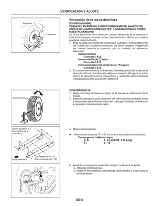 SD-6
Alineación de la rueda delantera
(Continuación)
1. Mida la caída del muñón de la dirección (Camber), avance del pivote
de la dirección (Caster) e inclinación del perno maestro (Kingpin) de
las ruedas derecha e izquierda con un medidor de alineación
adecuado.
2. Si la caída del muñón de la dirección (Camber) avance del pivote de la
dirección (Caster) e inclinación del perno maestro (Kingpin) no están
dentro de especificaciones, inspeccione y cambie las partes dañadas
o desgastadas de la suspensión delantera.
1. Haga una línea de base a lo largo de la banda de rodamiento de la
llantas.
2. Después de bajar la parte delantera del vehículo muévalo hacia arriba
y hacia abajo para eliminar la fricción, y ponga el volante de dirección
en posición completamente recta.
3. Mida la convergencia.
Mida entre la distancia “A” y “B” a la misma altura del centro del cubo.
4. Ajuste la convergencia variando la longitud de la barra de ajuste.
a. Afloje las contratuercas.
b. Ajuste la convergencia atornillando hacia dentro y hacia fuera la
barra de ajuste.
CAIDA DEL MUÑON DE LA DIRECCION (CAMBER), AVANCE DEL
PIVOTE DE LA DIRECCION (CASTER) E INCLINACION DEL PERNO
MAESTRO (KINGPIN)
Caída (Camber)
Consulte D.E.S.
Avance del Pivote (Caster)
Consulte D.E.S.
Inclinación del pivote de dirección (Kingpin)
Consulte
Convergencia total (sin carga):
A- B 1 - 3 mm (0.04 - 0.12 pulg)
2 6' - 18'
La caída del muñón de la dirección, avance del pivote de la dirección e
inclinación del perno maestro, están preajustados en fábrica y no pueden
ajustarse posteriormente.
D.E.S.
CONVERGENCIA
l
q
Accesorio
Calibrador
Linea de base
Lineas paralelas a la
linea central de la
carrocería
Convergencia = A - B
Convergencia total = 2qParte delantera
VERIFICACION Y AJUSTE
 