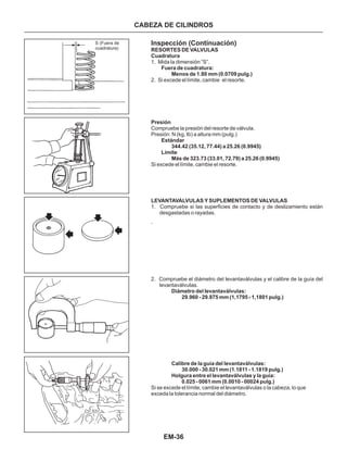 EM-36
Inspección (Continuación)
1. Mida la dimensión “S”.
2. Si excede el límite, cambie el resorte.
1. Compruebe si las superficies de contacto y de deslizamiento están
desgastadas o rayadas.
‘
2. Compruebe el diámetro del levantaválvulas y el calibre de la guía del
levantaválvuIas.
RESORTES DE VALVULAS
Cuadratura
Fuera de cuadratura:
Menos de 1.80 mm (0.0709 pulg.)
Presión
Estándar
344.42 (35.12, 77.44) a 25.26 (0.9945)
Límite
Más de 323.73 (33.01, 72.79) a 25.26 (0.9945)
LEVANTAVALVULAS Y SUPLEMENTOS DE VALVULAS
Diámetro del levantaválvulas:
29.960 - 29.975 mm (1,1795 - 1,1801 pulg.)
Calibre de la guía del levantaválvulas:
30.000 - 30.021 mm (1.1811 - 1.1819 pulg.)
Holgura entre el levantaválvulas y la guía:
0.025 - 0061 mm (0.0010 - 00024 pulg.)
Compruebe la presión del resorte de válvula.
Presión: N (kg, Ib) a altura mm (pulg.)
Si excede el límite, cambie el resorte.
Si se excede el límite, cambie el levantaválvulas o la cabeza, lo que
exceda la tolerancia normal del diámetro.
CABEZA DE CILINDROS
S (Fuera de
cuadratura)
 