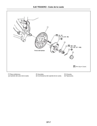ST-7
EJE TRASERO - Cubo de la rueda
1
2
3
4
5
6
Freno del tambor
38 - 52
(3.9 - 5.3, 28 - 38)
186 - 255
(19 - 26, 137 - 188)
N•m (kg-m, lb-pie)
1
2
3
4
5
6
Placa deflectora.
Cojinete del cubo de la rueda.
Arandela.
Contratuerca del cojinete de la rueda.
Chaveta.
Tapacubos.
 