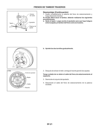 SF-21
FRENOS DE TAMBOR TRASEROS
Desmontaje (Continuación)
1. Suelte completamente la palanca del freno de estacionamiento y
luego desmonte el tambor.
2. Después de extraer el retén, extraiga el resorte girando las zapatas.
3. Desmonte el conjunto del ajustador.
4. Desconecte el cable del freno de estacionamiento de la palanca
acodada.
a. Quite el tapón. Luego acorte el ajustador para que haya holgura
entre la zapata y el tambor del freno como se muestra.
b. Apriete los dos tornillos gradualmente.
Si resulta difícil sacar el tambor, deberán realizarse los siguientes
procedimientos:
Tenga cuidado de no dañar el cable del freno de estacionamiento al
separarlo.
Tornillos
(M8 x 1,25)
Puntal de ajustador
Retén
Cable
Resorte
LT18C
Cilindro
de rueda
Ajustador
Palanca de
ajuste
Tapón
Acotar
 