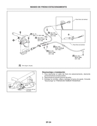SF-24
MANDO DE FRENO ESTACIONAMIENTO
Desmontaje e instalación
1. Para desmontar el cable del freno de estacionamiento, desmonte
primeramente la consola central.
2. Desconecte el conector de la luz de aviso.
3. Extraiga los tornillos, afloje y extraiga la tuerca de ajuste. Consulte
"Desmontaje" en “FRENOS DE TAMBOR TRASEROS”.
Para freno de tambor
Para freno de tambor
8 - 11,
(0.8 - 1.1, 5.8 - 8.0)
3.2 - 4.3,
(0.33 - 0.44,
2.4 - 3.2)
3.2 - 4.3,
(0.33 - 0.44,
2.4 - 3.2)
3.2 - 4.3,
(0.33 - 0.44,
2.4 - 3.2)
3.2 - 4.3,
(0.33 - 0.44,
2.4 - 3.2)
3.2 - 4.3,
(0.33 - 0.44,
2.4 - 3.2)
: N•m (kg-m, lb-pie)
Tuerca de
ajuste
Conector de luz
de aviso
 