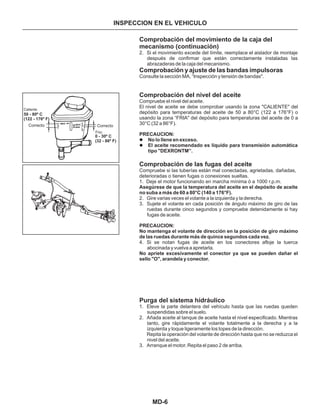 MD-6
INSPECCION EN EL VEHICULO
Caliente
Frio:
50 - 80º C
(122 - 176º F)
Correcto
Comprobación del movimiento de la caja del
mecanismo (continuación)
Comprobación y ajuste de las bandas impulsoras
Comprobación del nivel del aceite
Comprobación de las fugas del aceite
Purga del sistema hidráulico
2. Si el movimiento excede del límite, reemplace el aislador de montaje
después de confirmar que están correctamente instaladas las
abrazaderas de la caja del mecanismo.
1. Deje el motor funcionando en marcha mínima ó a 1000 r.p.m.
2. Gire varias veces el volante a la izquierda y la derecha.
3. Sujete el volante en cada posición de ángulo máximo de giro de las
ruedas durante cinco segundos y compruebe detenidamente si hay
fugas de aceite.
4. Si se notan fugas de aceite en los conectores afloje la tuerca
abocinada y vuelva a apretarla.
1. Eleve la parte delantera del vehículo hasta que las ruedas queden
suspendidas sobre el suelo.
2. Añada aceite al tanque de aceite hasta el nivel especificado. Mientras
tanto, gire rápidamente el volante totalmente a la derecha y a la
izquierda y toque ligeramente los topes de la dirección.
Repita la operación del volante de dirección hasta que no se reduzca el
nivel del aceite.
3. Arranque el motor. Repita el paso 2 de arriba.
No lo llene en exceso.
El aceite recomendado es líquido para transmisión automática
tipo "DEXRONTM”.
Asegúrese de que la temperatura del aceite en el depósito de aceite
no suba a más de 60 a 80°C (140 a 176°F).
Consulte la sección MA, “Inspección y tensión de bandas".
Compruebe el nivel del aceite.
El nivel de aceite se debe comprobar usando la zona "CALIENTE" del
depósito para temperaturas del aceite de 50 a 80°C (122 a 176°F) o
usando la zona “FRIA" del depósito para temperaturas del aceite de 0 a
30°C (32 a 86°F).
PRECAUCION:
PRECAUCION:
No mantenga el volante de dirección en la posición de giro máximo
de las ruedas durante más de quince segundos cada vez.
No apriete excesivamente el conector ya que se pueden dañar el
sello "O", arandela y conector.
l
l
Compruebe si las tuberías están mal conectadas, agrietadas, dañadas,
deterioradas o tienen fugas o conexiones sueltas.
0 - 30º C
(32 - 86º F)
Correcto
 