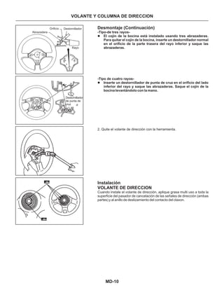 MD-10
Desmontaje (Continuación)
Instalación
VOLANTE DE DIRECCION
El cojín de la bocina está instalado usando tres abrazaderas.
Para quitar el cojín de la bocina, inserte un destornillador normal
en el orificio de la parte trasera del rayo inferior y saque las
abrazaderas.
Inserte un destornillador de punta de cruz en el orificio del lado
inferior del rayo y saque las abrazaderas. Saque el cojín de la
bocina levantándolo con la mano.
-Tipo-de tres rayos-
-Tipo de cuatro rayos-
l
l
2. Quite el volante de dirección con la herramienta.
Cuando instale el volante de dirección, aplique grasa multi uso a toda la
superficie del pasador de cancelación de las señales de dirección (ambas
partes) y al anillo de deslizamiento del contacto del claxon.
Abrazadera
Rayo
Orificio Destornillador
Destornillador
de punta de
cruz
VOLANTE Y COLUMNA DE DIRECCION
 