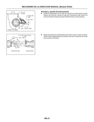 MD-21
Armado y ajuste (Continuación)
Instale la abrazadera de la bota de manera que esté hacia la parte
trasera del vehículo cuando la caja del mecanismo esté unida a la
carrocería (Esto evitará que haya interferencias con otras piezas).
Después de retorcer la abrazadera de la bota cuatro o cuatro vueltas y
media, doble diagonalmente el extremo que se ha retorcido de modo
que no toque con la bota.
l
l
40 (1,57)
o menos
Centro del
retén
Unidad: mm (pulg)
-30º a 30º
5 - 15
(0,20 - 0,59)
5 mm (0,20 pulg) o menos
90º - 120º
40º - 70º
Lado de la caja Lado del tubo
MECANISMO DE LA DIRECCION MANUAL (Modelo R24S)
 