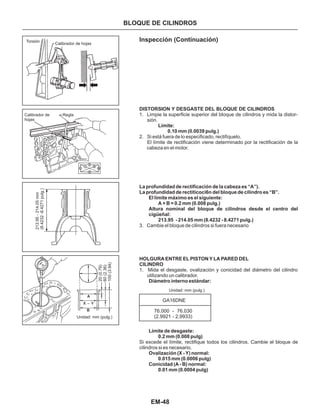 EM-48
Torsión
Calibrador de hojas
Calibrador de
hojas
Regla
213.95-214.05mm
(8.4232-8.4271pulg.)
20(0.79)
60(2.36)
100(3.94)
Unidad: mm (pulg.)
Inspección (Continuación)
1. Limpie la superficie superior del bIoque de cilindros y mida la distor-
sión.
2. Si está fuera de lo especificado, rectifíquelo.
3. Cambie el bloque de cilindros si fuera necesario
1. Mida el desgaste, ovalización y conicidad del diámetro del cilindro
utilizando un calibrador.
DISTORSION Y DESGASTE DEL BLOQUE DE CILINDROS
Límite:
0.10 mm (0.0039 pulg.)
La profundidad de rectificación de la cabeza es “A”).
La profundidad de rectiticoci6n del bloque de cilindro es “B”.
El límite máximo es el siguiente:
A + B = 0.2 mm (0.008 pulg.)
Altura nominal del bloque de cilindros desde el centro del
cigüeñal:
213.95 - 214.05 mm (8.4232 - 8.4271 pulg.)
HOLGURA ENTRE EL PISTON Y LA PARED DEL
CILINDRO
Diámetro interno estándar:
Límite de desgaste:
0.2 mm (0.008 pulg)
Ovalización (X - Y) normal:
0.015 mm (0.0006 pulg)
Conicidad (A - B) normal:
0.01 mm (0.0004 pulg)
El límite de rectificación viene determinado por la rectificación de la
cabeza en el motor.
Si excede el Iímite, rectifique todos los cilindros. Cambie el bloque de
cilindros si es necesario.
BLOQUE DE CILINDROS
GA16DNE
76.000 - 76.030
(2.9921 - 2,9933)
Unidad: mm (pulg.)
 