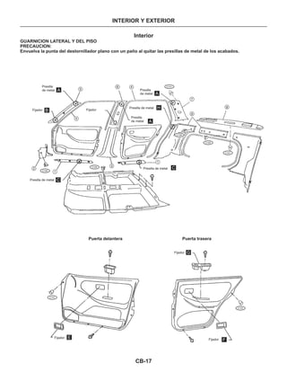CB-17
INTERIOR Y EXTERIOR
Interior
GUARNICION LATERAL Y DEL PISO
PRECAUCION:
Envuelva la punta del destornillador plano con un paño al quitar las presillas de metal de los acabados.
Presilla
de metal
Fijador
Presilla de metal
Presilla
de metal
Presilla de metal
Presilla de metal
Presilla
de metal
Fijador
Puerta delantera Puerta trasera
Fijador
Fijador
Fijador
A
A
A
B
C
C
H
1
1
2
3
4
4
5
6
7
8
9
E
F
G
C110
C110
C101
C101
C105
C105
C105
C105
 