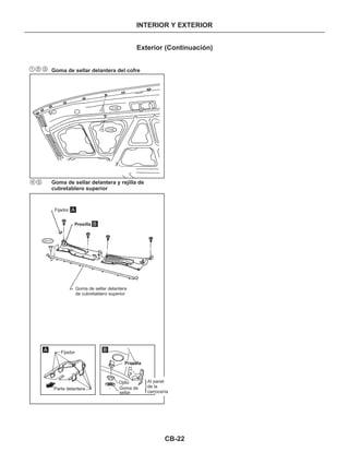 CB-22
INTERIOR Y EXTERIOR
Exterior (Continuación)
Goma de sellar delantera del cofre
Goma de sellar delantera y rejilla de
cubretablero superior
A
A
B
B
Goma de sellar delantera
de cubretablero superior
Fijador
Presilla
Fijador
Parte delantera
Presilla
Al panel
de la
carrocería
Ojillo
Goma de
sellar
1 2 3
4 5
C106
C106
CE117
 