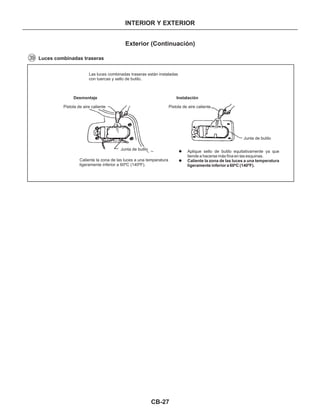 CB-27
INTERIOR Y EXTERIOR
Exterior (Continuación)
39 Luces combinadas traseras
Las luces combinadas traseras están instaladas
con tuercas y sello de butilo.
Desmontaje Instalación
Pistola de aire caliente Pistola de aire caliente
Junta de butilo
Caliente la zona de las luces a una temperatura
ligeramente inferior a 60ºC (140ºF).
Junta de butilo
l
l
Aplique sello de butilo equitativamente ya que
tiende a hacerse más fina en las esquinas.
Caliente la zona de las luces a una temperatura
ligeramente inferior a 60ºC (140ºF).
 