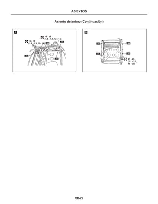 CB-29
ASIENTOS
Asiento delantero (Continuación)
A B
16 - 19
(1.6 - 1.9, 12 - 14)
16 - 19
(1.6 - 1.9, 12 - 14)
21 - 26
(2.1 - 2.7,
15 - 20)
 
