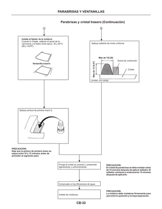 CB-32
Parabrisas y cristal trasero (Continuación)
PARABRISAS Y VENTANILLAS
A B
Instale el fijador de la moldura
Cuando lo instale, callente el panel de la
carrocería y el fiador entre aprox. 30 y 40°C
(86 y 104ºF).
Ventanilla trasera
Aplique sellante de modo uniforme
Goma de contención
Cristal
Más de 7(0,28)
Másde12(0,47)
Unidad: mm (pulg)
Aplique pintura de primera mano E.
PRECAUCION:
Deje que la pintura de primera mano se
seque entre 10 y 15 minutos antes de
proceder al siguiente paso.
Ponga el cristal en posición y presiónelo
ligeramente y uniformemente.
Compruebe si hay filtraciones de agua.
Instale las molduras.
PRECAUCION:
El cristal de parabrisas se debe instalar antes
de 15 minutos después de aplicar sellador. El
sellador comienza a endurecerse 15 minutos
después de aplicarlo.
PRECAUCION:
La moldura debe instalarse firmemente para
que entre en posición y no haya separación.
 
