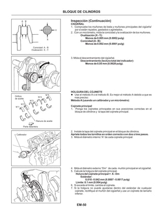 EM-50
A B
X
Y
Conicidad: A - B
Ovalización: X - Y
Orificio
de aceite
Ranura de aceite
Parte delantera
N°1
N°2
N°3
N°4
N°5
Calibrador
Inspección (Continuación)
1. Compruebe los muñones de biela y muñones principales del cigüeña'
por si están rayados, gastados o agrietados.
2. Con un micrómetro, mida la conicidad y la ovalización de los muñones.
1. Ponga los cojinetes principales en sus posiciones correctas en el
bloque de cilindros y la tapa del cojinete principal.
2. Instale la tapa del cojinete principal en el bloque de cilindros.
3. Mida el diámetro interno “A” de cada cojinete principal.
4. Mida el diámetro externo “Dm” de cada muñón principal en el cigüeñal.
5. Calcule la holgura del cojinete principal.
6. Si excede el límite, cambie el cojinete.
7. Si la holgura no puede ajustarse dentro del estándar de cualquier
cojinete, rectifique el muñón del cigüeñal y use un cojinete de tamaño
inferior.
HOLGURA DEL COJINETE
l Use el método A o el método B. Es mejor el método A debido a que es
mas preciso.
CIGÜEÑAL
Ovalización (X - Y):
Menos de 0.005 mm (0.0002 pulg)
Conicidad (A - B):
Menos de 0.002 mm (0.0001 pulg)
Descentramiento (lectura total del indicador):
Menos de 0.05 mm (0.0020 pulg).
Método A (usando un calibrador y un micrómetro)
Cojinete principal
Apriete todos los tornillos en orden correcto o en dos o tres pasos.
Holura del cojinete principal = A - Dm
Estándar:
0.018 - 0.042 mm (0.0007 - 0.0017 pulg)
Límite: 0.1 mm (0.004 pulg)
3. Mida el descentramiento del cigüeñal.
BLOQUE DE CILINDROS
 