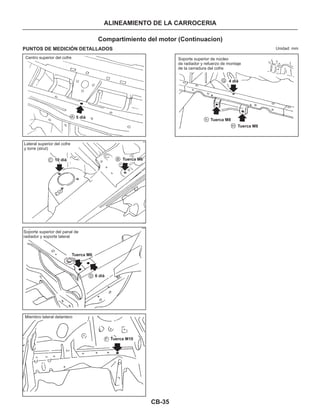 CB-35
ALINEAMIENTO DE LA CARROCERIA
Compartimiento del motor (Continuacíon)
Unidad: mmPUNTOS DE MEDICIÓN DETALLADOS
Centro superior del cofre Soporte superior de núcleo
de radiador y refuerzo de montaje
de la cerradura del cofre
4 diá
Tuerca M8
Tuerca M8
5 diá
Lateral superior del cofre
y torre (strut)
10 diá Tuerca M6
Tuerca M6
Soporte superior del panal de
radiador y soporte lateral
6 diá
Miembro lateral delantero
Tuerca M10
A
C
D
F
B
G
h
H
 
