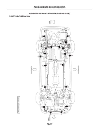 CB-37
ALINEAMIENTO DE CARROCERIA
Parte inferior de la carrocería (Continuación)
PUNTOS DE MEDICION
Parte
trasera
Parte
delantera
Ladoizquierdo
Vistainferior(delvehículo)
Ladoderecho
af
M
m
g
h
j
k
A
F
G
H
J
K
L
l
B
C
b
c
d
D
e
E
P
p
n
N
 