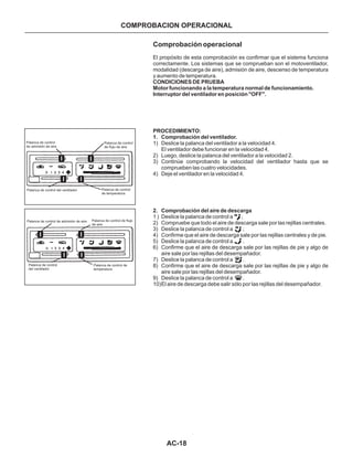 AC-18
Comprobación operacional
El propósito de esta comprobación es confirmar que el sistema funciona
correctamente. Los sistemas que se comprueban son el motoventilador,
modalidad (descarga de aire), admisión de aire, descenso de temperatura
y aumento de temperatura.
1) Deslice la palanca del ventilador a la velocidad 4.
El ventilador debe funcionar en la velocidad 4.
2) Luego, deslice la palanca del ventilador a la velocidad 2.
3) Continúe comprobando la velocidad del ventilador hasta que se
comprueben las cuatro velocidades.
4) Deje el ventilador en la velocidad 4.
1 ) Deslice la palanca de control a ;
2) Compruebe que todo el aire de descarga sale por las rejillas centrales.
3) Deslice la palanca de control a ;
4) Confirme que el aire de descarga sale por las rejillas centrales y de pie.
5) Deslice la palanca de control a .
6) Confirme que el aire de descarga sale por las rejillas de pie y algo de
aire sale por las rejillas del desempañador.
7) Deslice la palanca de control a .
8) Confirme que el aire de descarga sale por las rejillas de pie y algo de
aire sale por las rejillas del desempañador.
9) Deslice la palanca de control a .
10)El aire de descarga debe salir sólo por las rejillas del desempañador.
CONDICIONES DE PRUEBA
Motor funcionando a la temperatura normal de funcionamiento.
Interruptor del ventilador en posición "OFF".
PROCEDIMIENTO:
1. Comprobación del ventilador.
2. Comprobación del aire de descarga
COMPROBACION OPERACIONAL
Palanca de control
del ventilador
Palanca de control de
temperatura
Palanca de control de admisión de aire Palanca de control de flujo
de aire
Palanca de control
de admisión de aire
Palanca de control
de flujo de aire
Palanca de control del ventilador Palanca de control
de temperatura
 