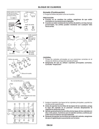 EM-54
Anillo superior y 2o. anillo
El lado con la marca
punzonada hacia arriba
(Si tiene la marca)
Anillo superior
Tipo A
2o. anillo
Anillo de aceite
Tipo B
Tipo A Tipo B
Espaciador
del
anillo
de aceite
2o. anillo
Anillo superior
superior
Riel superior
del anillo de
aceite
Riel inferior
del anillo
de aceite
Orificio de aceite
Ranura de aceite
Parte delantera
N°1
N°2
N°3
N°4
N°5
No. de Identificación
Tapa
Parte delantera del motor
N°1
N°2
N°3
N°4
N°5
Parte
delantera
Apretar en orden numérico
1
2
3
4
5
6
7
8
9
10
Armado (Continuación)
l
l
l
l
l
l
Cuando no se cambien los anillos, asegúrese de que están
montados en sus posiciones originales.
Cuando se están cambiando los anillos de pistón y no hay marcas
punzonadas, los anillos pueden montarse con cualquier lado
hacia arriba.
Asegúrese de que se utilizan cojinetes principales correctos.
Consulte “Inspección”
Antes de apretar los tornillos de las tapas de los cojinetes, ponga
Ia tapa del cojinete en la posición correcta desplazando el
cigüeñal en dirección axiaI.
Apriete gradualmente los tornillos de las tapas de los cojinetes en
dos o tres pasos. Comience por el cojinete central y continúe por
orden hacia el exterior secuencialmente.
Después de apretar los tornillos de la tapa del cojinete, asegúrese
de que el cigüeñal gira suavemente con la mano.
CIGÜEÑAL
1. Ponga los cojinetes principales en sus posiciones correctas en el
bloque de cilindros y la tapa del cojinete principal.
2. Instale el cigüeñal y las tapas de los cojinetes principales y apriete los
tornillos al par especificado.
3. Ponga los anillos del pistón como se muestra.
PRECAUCION:
BLOQUE DE CILINDROS
Parte
delantera
del motor
 