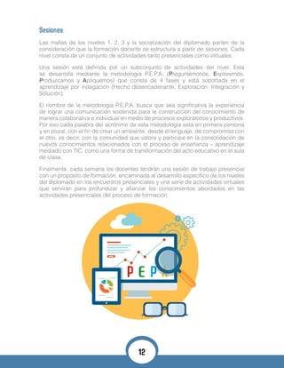 Sesiones:
Las mallas de los niveles 1, 2, 3 y la socialización del diplomado parten de la
consideración que la formación docente se estructura a partir de sesiones. Cada
nivel consta de un conjunto de actividades tanto presenciales como virtuales.
Una sesión está definida por un subconjunto de actividades del nivel. Esta
se desarrolla mediante la metodología P.E.P.A. (Preguntémonos, Exploremos,
Produzcamos y Apliquemos) que consta de 4 fases y está soportada en el
aprendizaje por indagación (Hecho desencadenante, Exploración, Integración y
Solución).
El nombre de la metodología P.E.P.A. busca que sea significativa la experiencia
de lograr una comunicación sostenida para la construcción del conocimiento de
manera colaborativa e individual en medio de procesos exploratorios y productivos.
Por eso cada palabra del acrónimo de esta metodología está en primera persona
y en plural, con el fin de crear un ambiente, desde el lenguaje, de compromiso con
el otro, es decir, con la comunidad que valora y participa en la consolidación de
nuevos conocimientos relacionados con el proceso de enseñanza – aprendizaje
mediado con TIC, como una forma de transformación del acto educativo en el aula
de clase.
Finalmente, cada semana los docentes tendrán una sesión de trabajo presencial
con un propósito de formación, encaminada al desarrollo específico de los niveles
del diplomado en los encuentros presenciales y una serie de actividades virtuales
que servirán para profundizar y afianzar los conocimientos abordados en las
actividades presenciales del proceso de formación.
12
 