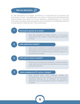 Cómo se estructura
En este documento el formador, encontrará un compendio de las sesiones que
estructuran el Nivel 1 del diplomado, así como un conjunto de recomendaciones
instruccionales para cada una de las sesiones, complementado con recursos
principales y de apoyo que se requerirán para el trabajo en la modalidad presencial
y virtual desde el desarrollo de 7 ítems esenciales:
1
2
3
Información general de la sesión
Este ítem presenta los datos básicos e información
general del nivel, sesión y horas de trabajo presencial
y virtual.
¿Qué esperamos enseñar?
Esta sección presenta los propósitos del proceso de
aprendizaje relacionados con los contenidos, con el fin
de evidenciar la importancia de los temas a tratar en el
proceso de formación.
¿Para qué lo vamos a enseñar?
Esta sección presenta los propósitos correspondientes
a las razones que motivan la enseñanza de los temas
previstos para tal fin.
4 ¿Qué competencias TIC vamos a trabajar?
Esta sección tiene como propósito señalar las
Competencias TIC que orientan la ruta de innovación
educativa definida por el Ministerio de Educación
Nacional y que se alcanzarán durante el desarrollo de
la sesión.
13
 