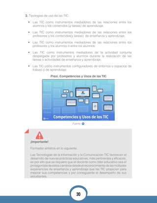 2. Tipologías de uso de las TIC:
•	 Las TIC como instrumentos mediadores de las relaciones entre los
alumnos y los contenidos (y tareas) de aprendizaje;
•	 Las TIC como instrumentos mediadores de las relaciones entre los
profesores y los contenidos(y tareas) de enseñanza y aprendizaje;
•	 Las TIC como instrumentos mediadores de las relaciones entre los
profesores y los alumnos o entre los alumnos;
•	 Las TIC como instrumentos mediadores de la actividad conjunta
desplegada por profesores y alumnos durante la realización de las
tareas o actividades de enseñanza y aprendizaje;
•	 Las TIC como instrumentos configuradores de entornos o espacios de
trabajo y de aprendizaje.
Prezi. Competencias y Usos de las TIC
¡Importante!
Formador enfatice en lo siguiente:
Las Tecnologías de la Información y la Comunicación TIC favorecen el
desarrollo de nuevas prácticas educativas, más pertinentes y eficaces,
es por ello que se requiere que el docente como líder educativo sea el
protagonistadeestoscambiosdesdeelreconocimientodelasmúltiples
experiencias de enseñanza y aprendizaje que las TIC propician para
mejorar sus competencias y por consiguiente el desempeño de sus
estudiantes.
Fuente:
30
 